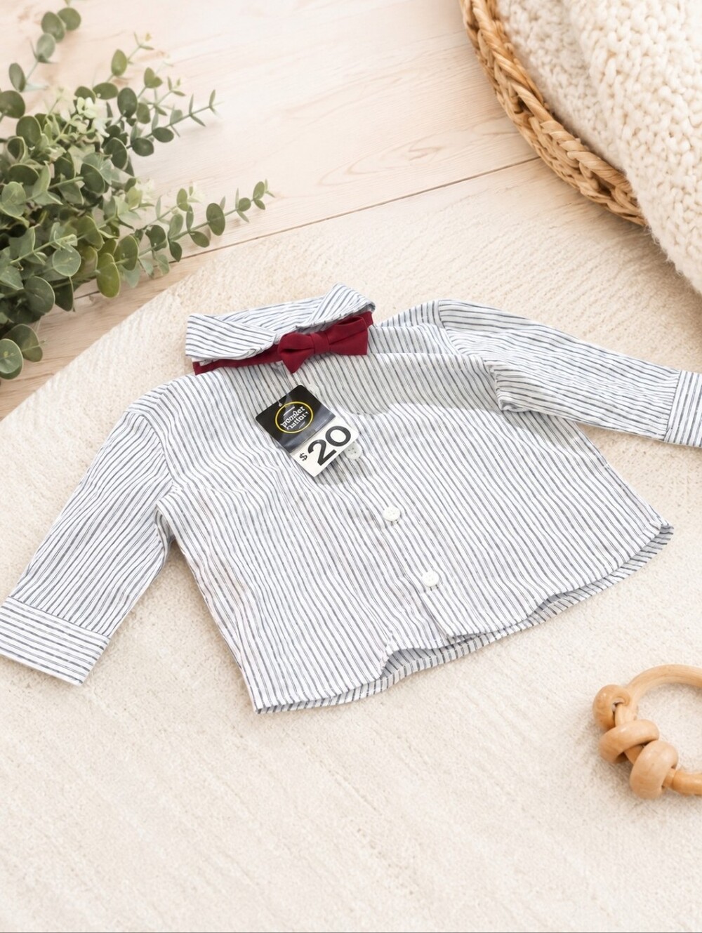 Pinstriped Dress Shirt w/ Red Bow Tie | 3–6 Months| George